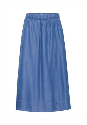 Jupe en denim avec une taille élastique, en forme A, de couleur bleu moyen et d'une texture lisse. Longueur genou avec un ourlet droit.