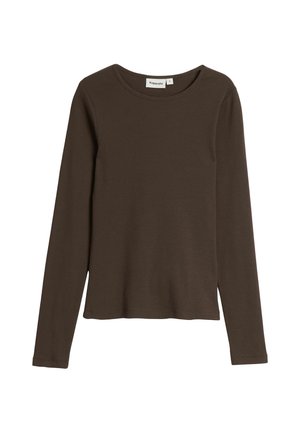 Brun langærmet skjorte lavet af blødt, strækbart stof med rund halsudskæring og en afslappet pasform, uden synlige mønstre eller detaljer.