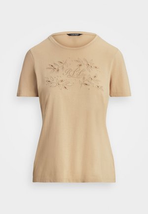 Beige kortærmet bomulds-T-shirt med broderet blomsterdesign og "RLL" initialer på brystet, rund halsudskæring.