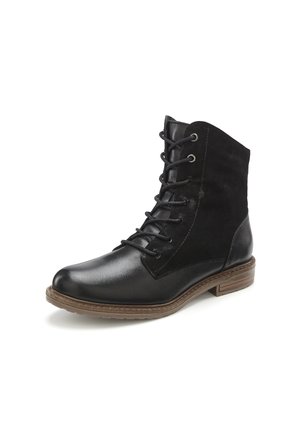 Schwarze Schnürstiefelette aus einer Kombination von glänzendem Leder und Wildleder, mit runder Zehenpartie und niedrigem, gestapeltem Absatz. Strukturiertes Detail an den Seiten.