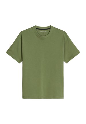 Olivgrünes T-Shirt mit kurzen Ärmeln und Rundhalsausschnitt, schlichtem Design und sichtbaren Nähten entlang des Kragens, der Ärmel und des Saums.