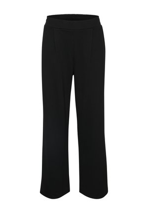 Zwarte wijde broek met een gladde textuur, elastische tailleband en twee plooien aan de voorkant voor extra detail en comfort.