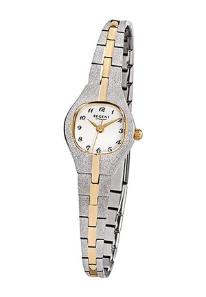Montre-bracelet pour femmes en argent et or avec cadran blanc, chiffres arabes noirs et aiguilles dorées indiquant 10h10.