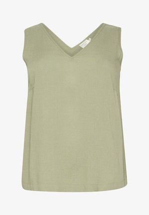 Jasnozielony bezrękawnik z dekoltem w kształcie litery V, wykonany z teksturowanej tkaniny. Cechuje się luźnym krojem i subtelnym przeszyciem po bokach.