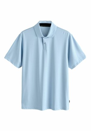 Helehall sinise lühikeste varrukatega polosärk, millel on kaks nuppu ja klassikaline krae, valgel taustal esile tõstetud.