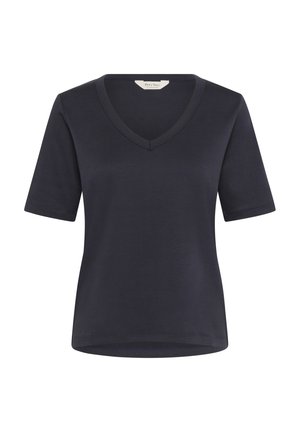 T-shirt bleu marine à manches courtes avec un décolleté en V, fabriqué dans un tissu doux, avec une texture lisse et des détails de couture subtils.