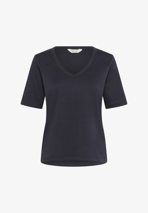 Navy blue short-sleeve t-shirt with a v-neckline, made of soft fabric, featuring a smooth texture and subtle stitching details.