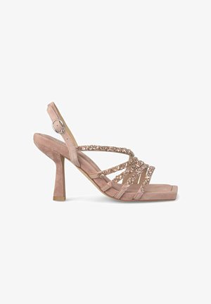 Sandali con tacco alto in suede rosa, con punta quadrata, cinturino alla caviglia regolabile e decorazioni scintillanti sui cinturini.