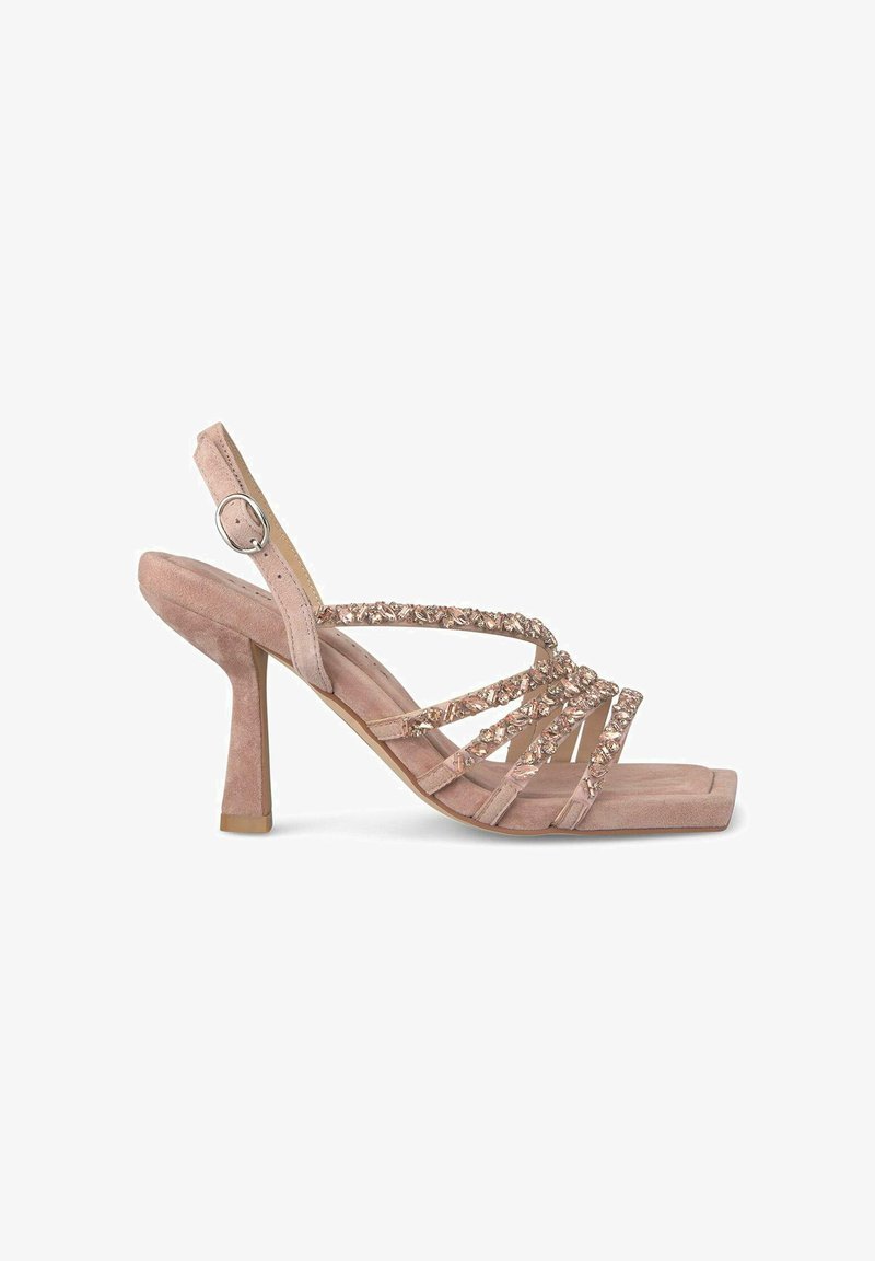 Rosa Wildleder-Pumps mit hohen Absätzen, quadratischer Zehenpartie, verstellbarem Knöchelriemen und dekorativen, glitzernden Verzierungen an den Riemen.