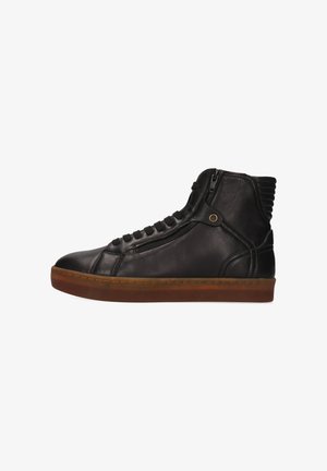 Black leather high-top sneaker with a side zipper, textured back, and rubber sole. Features stitched accents and round eyelets for laces.