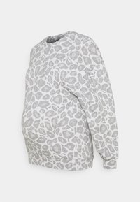 Harmaavalkoinen leopardikuvioinen äitiyscollegepaita, jossa on pitkät hihat ja resoriset hihansuut, esitetty yksivärisellä taustalla.