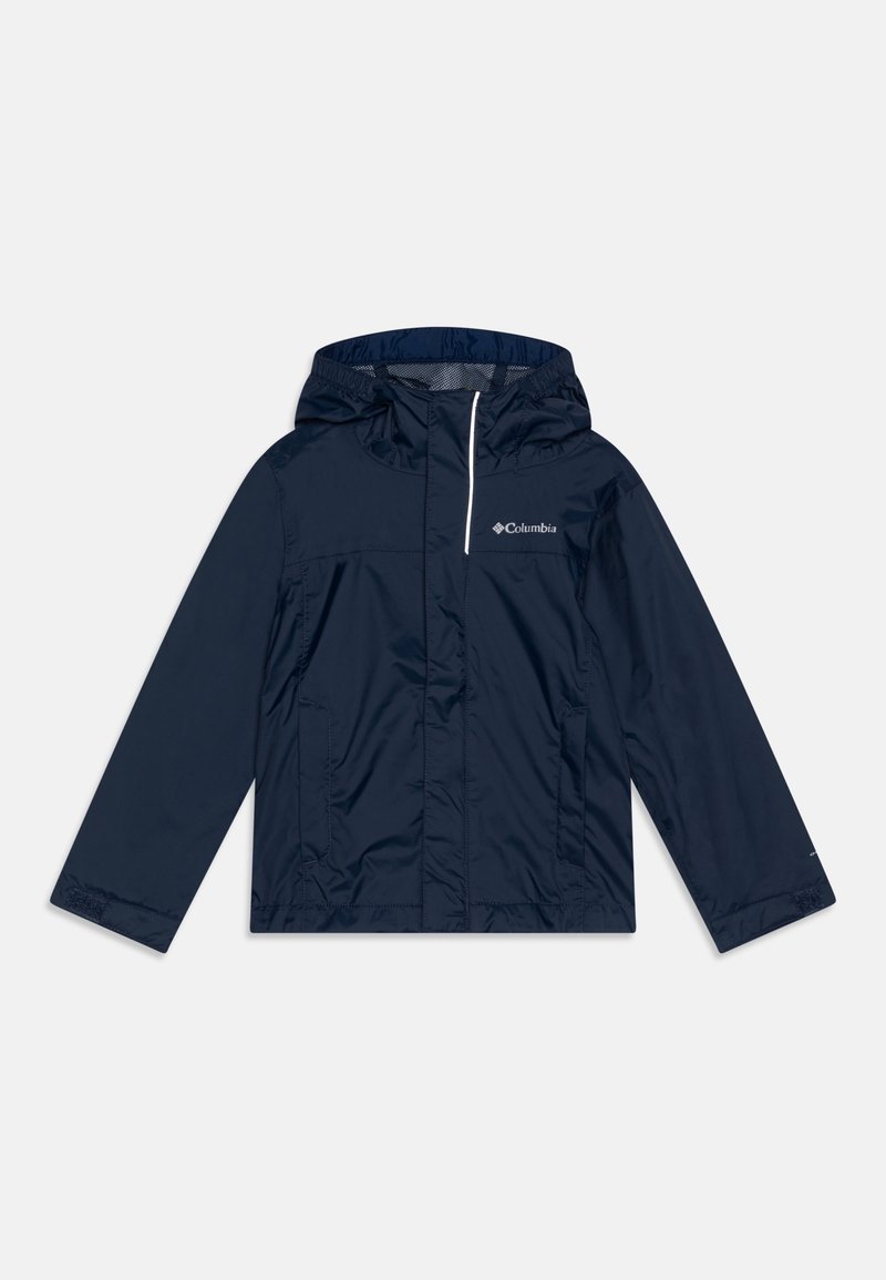 Veste légère bleu marine avec capuche, fermeture éclair sur le devant, poches latérales et logo Columbia sur la poitrine. Fabriquée en tissu lisse et résistant à l'eau.