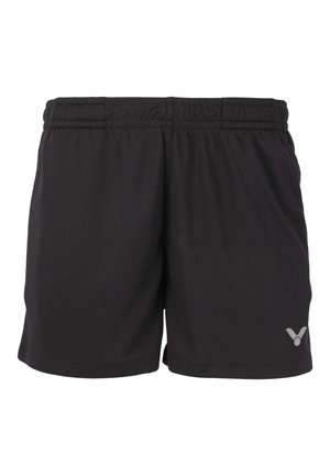 Sorte shorts med elastisk talje og en lille hvid logo på det nederste højre ben, vist mod en hvid baggrund.