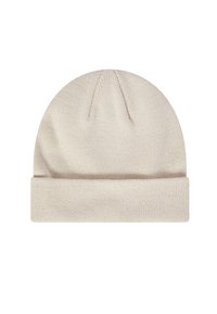Berretto beige lavorato a maglia con risvolto, caratterizzato da una leggera texture e cuciture nella parte superiore, adatto per abbigliamento casual nelle giornate più fresche.