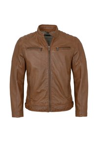 Braune Leder-Bikerjacke mit gesteppten Schulterdetails, Front-Reißverschluss, zwei Brust-Reißverschlusstaschen und seitlichen Reißverschlusstaschen, vor weißem Hintergrund.