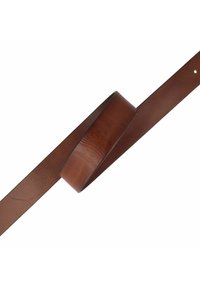 Bruine leren riem met een gladde textuur, met een platte, brede vorm. Minimalistische stijl zonder zichtbare bevestigingen of versieringen.