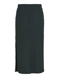 Σκούρο πράσινο μολύβι φούστα σε υφή υφάσματος, με γεωμετρικό μοτίβο, ψηλή ζώνη και μια πλαϊνή σχισμή για επιπλέον λεπτομέρεια.