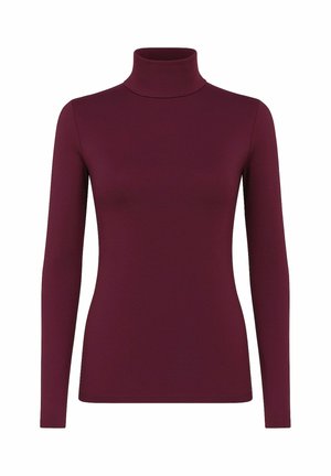 Maglia a maniche lunghe bordeaux a collo alto realizzata in un tessuto elasticizzato. Caratterizzata da un design attillato con colletto alto. Tessitura liscia, senza motivi visibili.