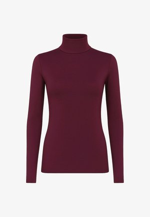 Maglia a maniche lunghe bordeaux a collo alto realizzata in un tessuto elasticizzato. Caratterizzata da un design attillato con colletto alto. Tessitura liscia, senza motivi visibili.