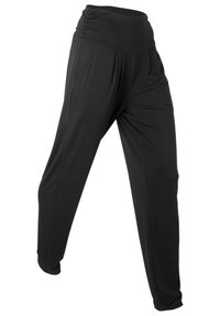 Pantaloni neri realizzati in un tessuto liscio e elasticizzato, con una vita ampia e arricciata e gambe affusolate. Presentano pieghe frontali per un maggiore drappeggio.
