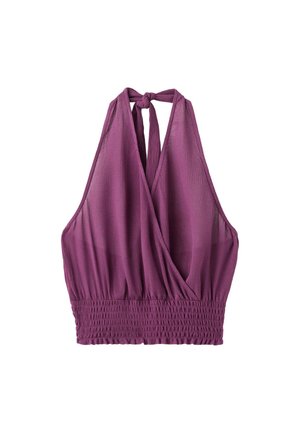 Haut sans manches violet à col licou profond en V, devant croisé, taille élastiquée smockée et fermeture à nouer dans la nuque.