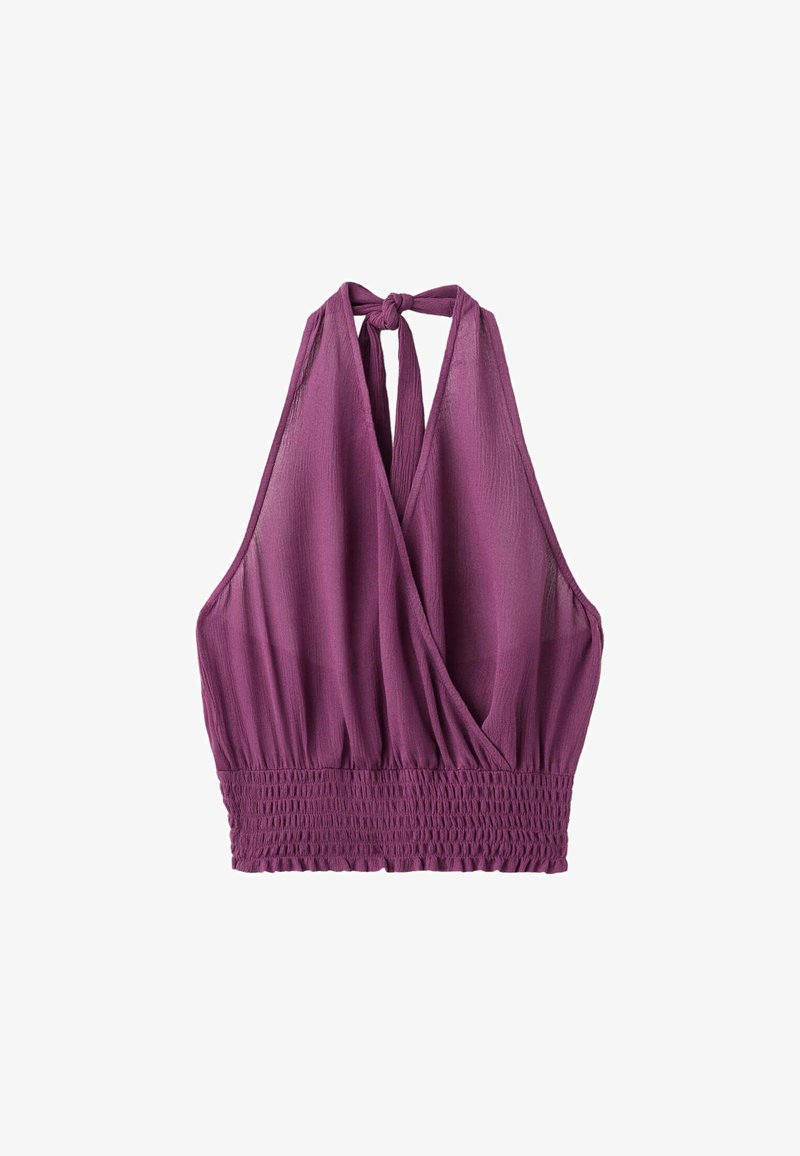 Haut sans manches violet à col licou profond en V, devant croisé, taille élastiquée smockée et fermeture à nouer dans la nuque.