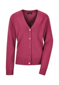 Fuchsia gebreide cardigan met een V-hals, lange mouwen en vijf bijpassende knopen aan de voorkant. Ribgebreide manchetten en onderrand.