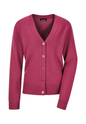 Fuchsia gebreide cardigan met een V-hals, lange mouwen en vijf bijpassende knopen aan de voorkant. Ribgebreide manchetten en onderrand.