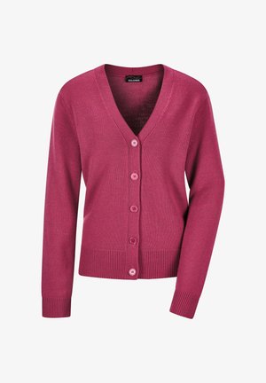 Fuchsia gebreide cardigan met een V-hals, lange mouwen en vijf bijpassende knopen aan de voorkant. Ribgebreide manchetten en onderrand.