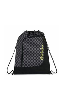 Drawstring backpack in black and gray checkered pattern, featuring a zippered front pocket and adjustable shoulder straps.