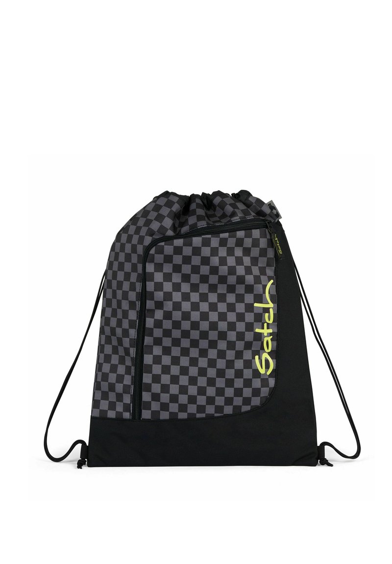 Drawstring backpack in black and gray checkered pattern, featuring a zippered front pocket and adjustable shoulder straps.
