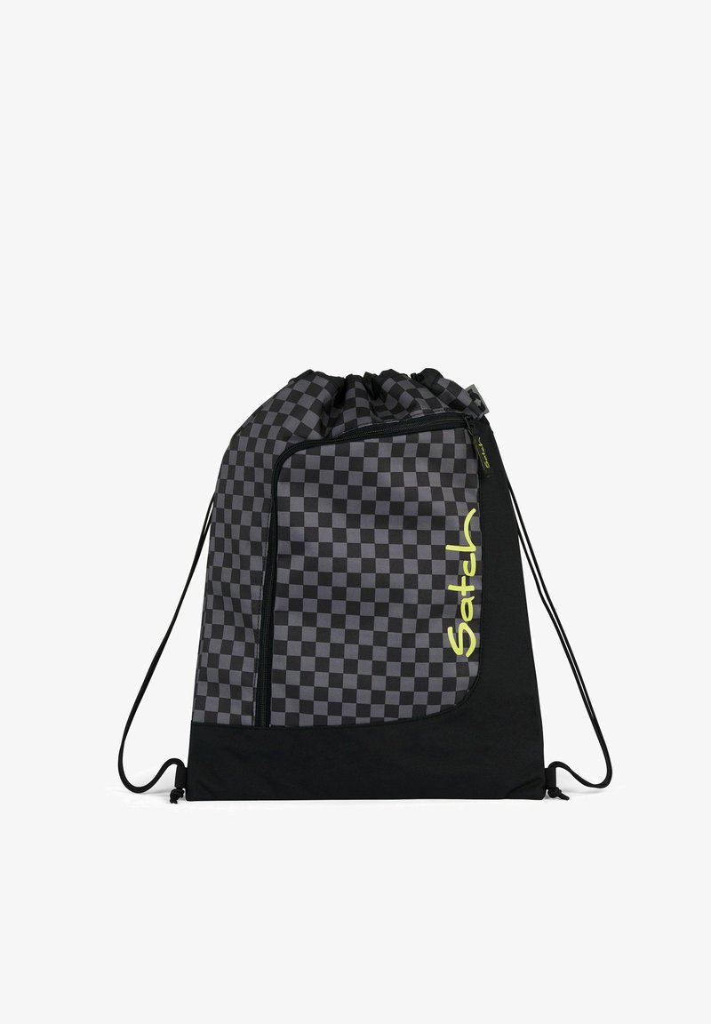 Schnürsenkel-Rucksack in Schwarz-Grau im karierten Muster, mit einer Reißverschlusstasche auf der Vorderseite und verstellbaren Schultergurten.