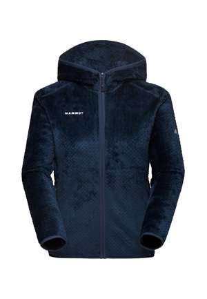 Navy blue fleece jacket with a hood, featuring a textured surface, full zip, and logo in white on the left chest.