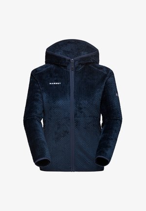 Marineblauwe fleecejack met capuchon, met een textuur oppervlak, volledige rits en een witte logo op de linkerborst.