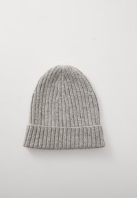 Gray knit beanie with ribbed texture and a folded cuff. Made from soft material for warmth, featuring a slightly tapered top.