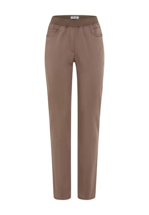 Pantalons marron à enfiler en tissu doux, dotés d'une taille élastique, de poches latérales et d'un design ajusté. Texture douce, sans motifs visibles.