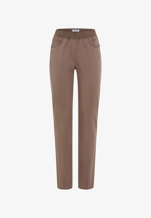 Bruine broek met elastische tailleband, gemaakt van zachte stof. De broek heeft zijzakken en een slim fit ontwerp. Heeft een gladde textuur zonder zichtbare patronen.