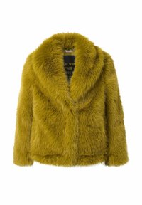 Faux fur jakke i sennepsgul, med en bred sjalkrave og en blød, tekstureret overflade samt en afslappet pasform.