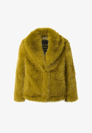 Faux-Fur-Jacke in Senfgelb, mit weitem Schalkragen und einer weichen, strukturierten Oberfläche sowie einer lässigen Passform.