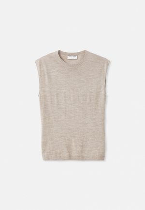 Light beige sleeveless top made of soft material, featuring a round neck, clean lines, and a slightly loose fit. Minimalist design.