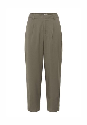 Olijfgroene broek met een platte voorkant en plooien, tapered leg ontwerp en een standaard tailleband. Gemaakt van lichtgewicht stof.