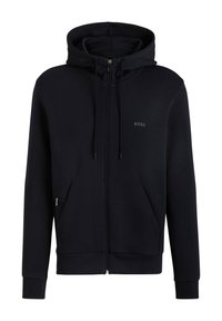 Svart zip-up hoodie i mjukt tyg, med dragsko på huvan, framfickor och en liten logga på bröstet. Ribbad mudd och nederkant.