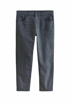 Donkergrijze denim broek met een rechte snit, voorzien van twee voorzakken, een knoopsluiting en subtiele textuurdetails aan de voorkant.