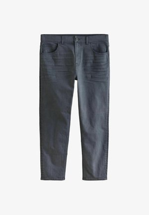 Pantalon en denim gris foncé avec une coupe droite, doté de deux poches avant, d'une fermeture à bouton et de légères textures sur le devant.