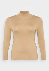 Beige genser med høy krage, lange ermer, ribbet tekstur og tettsittende design. Glatt materiale uten synlige utsmykninger.