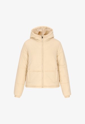 Cremefarvet pufferjakke med hætte, der har en frontlynlås, to sidelommer og elastiske manchetter. Blød, kviltet tekstur hele vejen igennem.