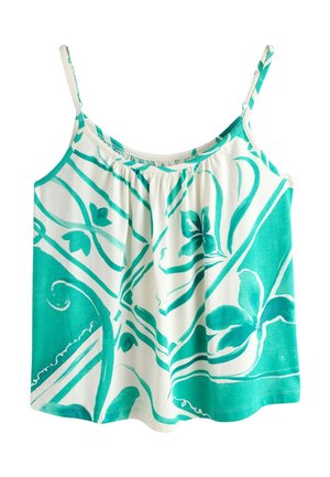 Weißes ärmelloses Top mit türkisfarbenem Blumen- und geometrischem abstraktem Muster, mit dünnen verstellbaren Trägern und gerafftem Ausschnitt.