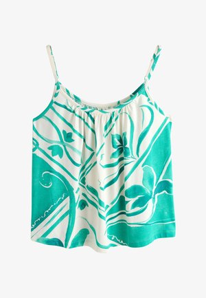 Haut blanc sans manches avec imprimé abstrait floral et géométrique bleu sarcelle, doté de fines bretelles réglables et d'un col froncé.