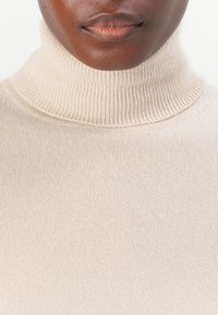 Beige ribbestrikket høyhalset genser med en tettsittende passform, glatt tekstur og høy krage. Uthevet av fine strikkedetaljer langs kantene.