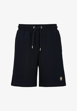 Navyblauwe katoenen shorts met elastische tailleband, verstelbaar trekkoord en een gouden logo patch op het linkerbeen. Glad van structuur, knielang.